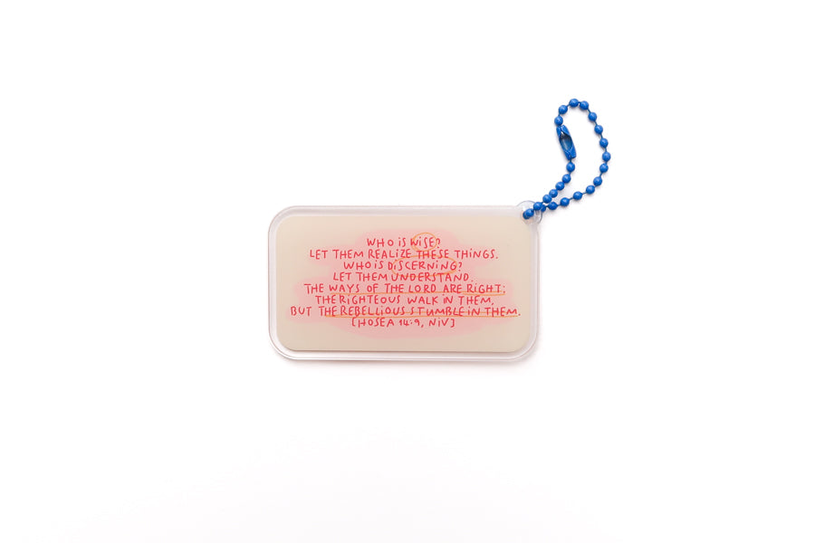 Rectangular acrylic keychain with handwritten Bible verse from Hosea 14:9, minimalist Christian keychain designed in collaboration with moojigae_drawing.