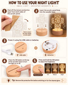 How to use your night light instruction guide showing protective film removal, wooden base setup, USB or battery power, on-off button and brightness adjustment