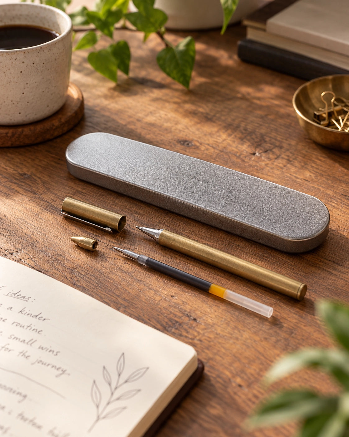 I Am Fearfully and Wonderfully Made brass pen with case and refill on a wooden desk.