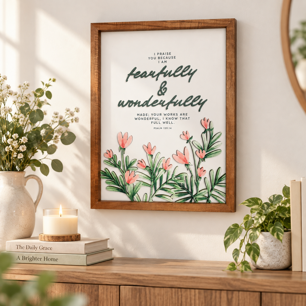 I Am Fearfully and Wonderfully Made Psalm 139:14 3D wooden poster displayed on a bright home wall.