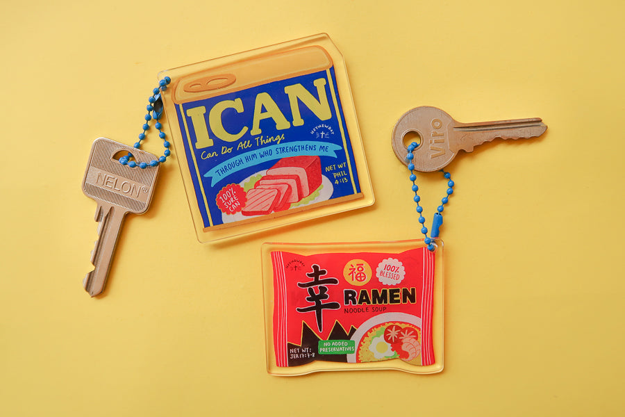 Love Supermarket Christian acrylic keychains shown together.
