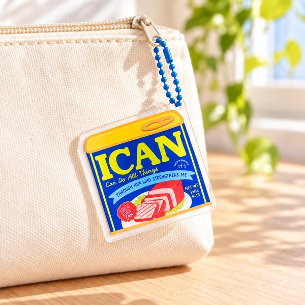 I Can luncheon meat Christian acrylic keychain attached to a cream canvas pouch