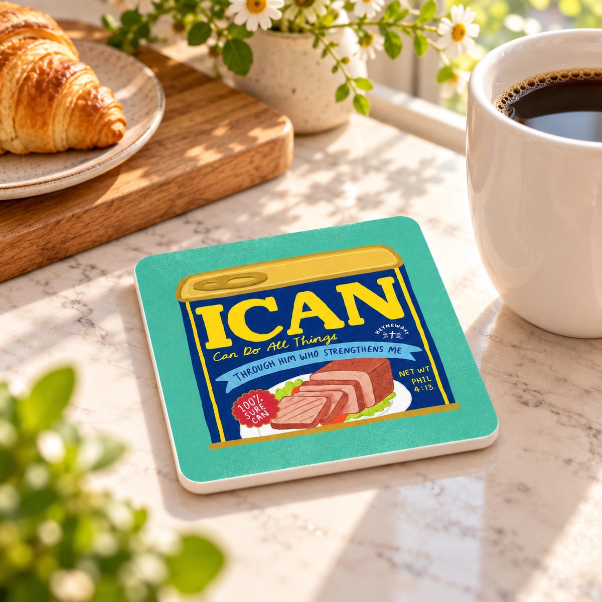I Can Luncheon Meat Christian coaster styled in a bright kitchen breakfast setting.