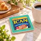 I Can Luncheon Meat Christian coaster styled in a bright kitchen breakfast setting.
