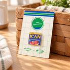 I Can Luncheon Meat Love Supermarket Christian pin displayed on its backing card leaning against a wooden basket.