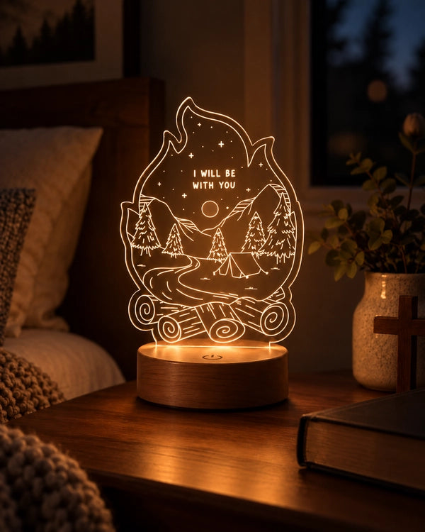 I Will Be With You Isaiah 43:2 campfire Christian night light glowing on a cosy bedside table at night