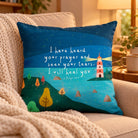 I Will Heal You Christian cushion cover with a blue lighthouse and 2 Kings 20:5 on a cosy sofa.