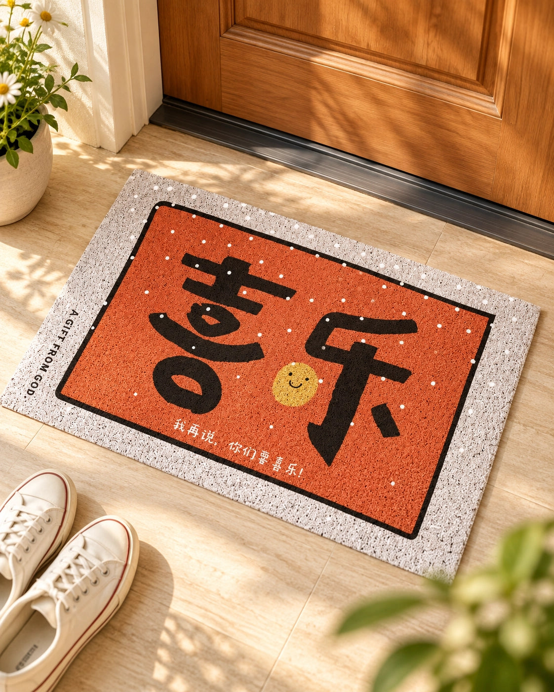 I Will Say It Again Rejoice outdoor door mat styled at a sunlit wooden doorway with shoes.