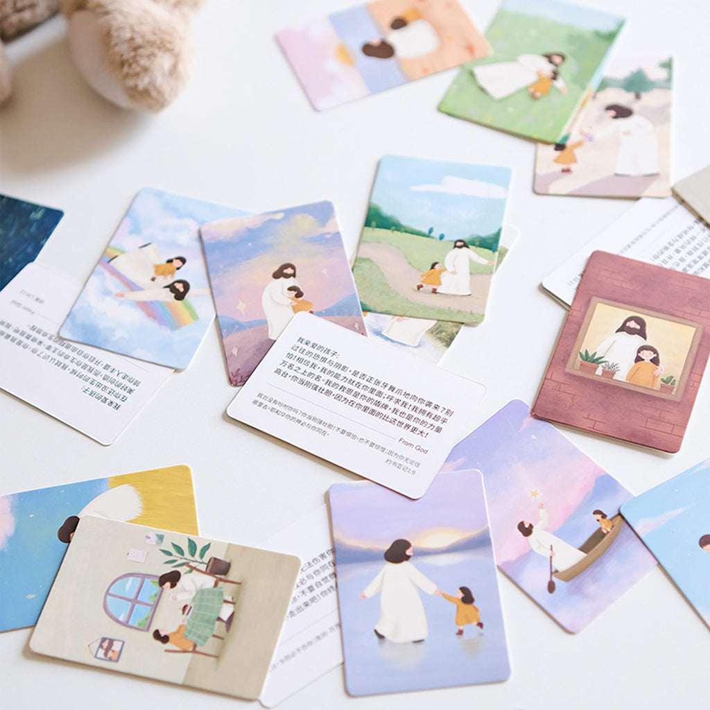 Illustrated mini card set showcasing Jesus with children, inspirational Bible verses, and faith-based designs for Christian devotion and encouragement.