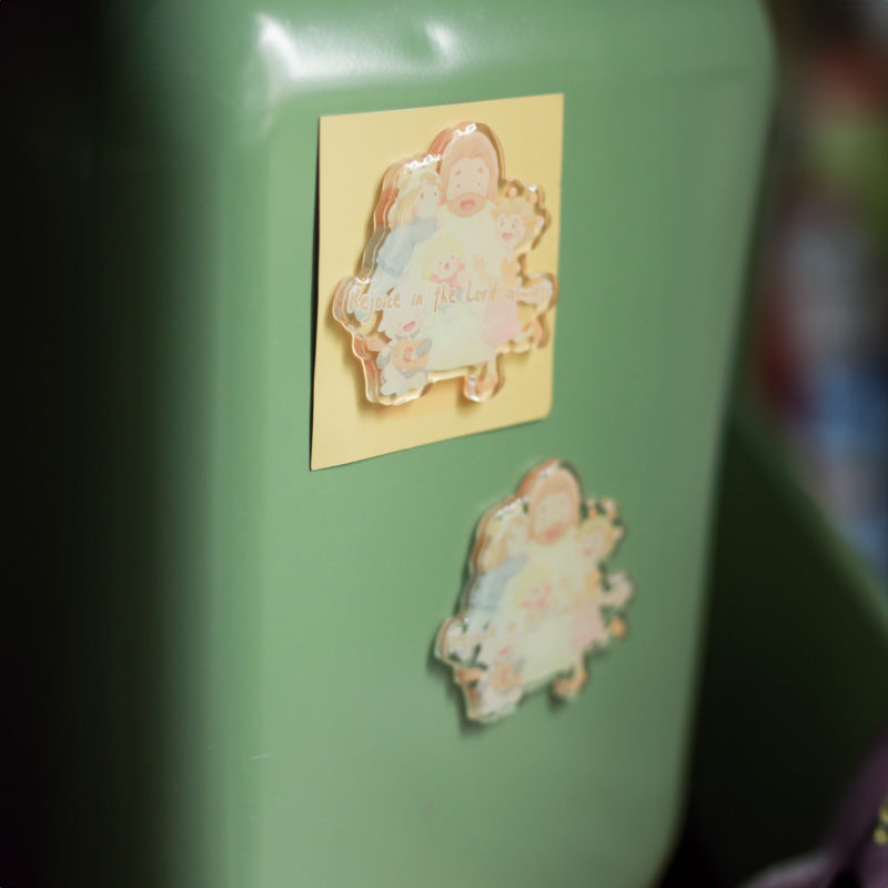 Inspirational Fridge Magnet: "Inspirational fridge magnet featuring a cute illustration and the message 'Rejoice in the Lord always'"