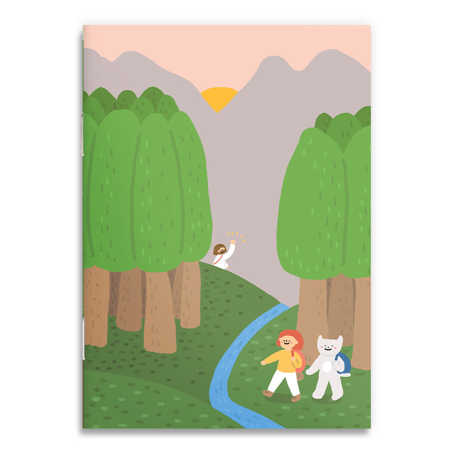 Joy in His Journey A6 notebook cover featuring Jesus walking in nature with a child and a companion, symbolizing faith and friendship.