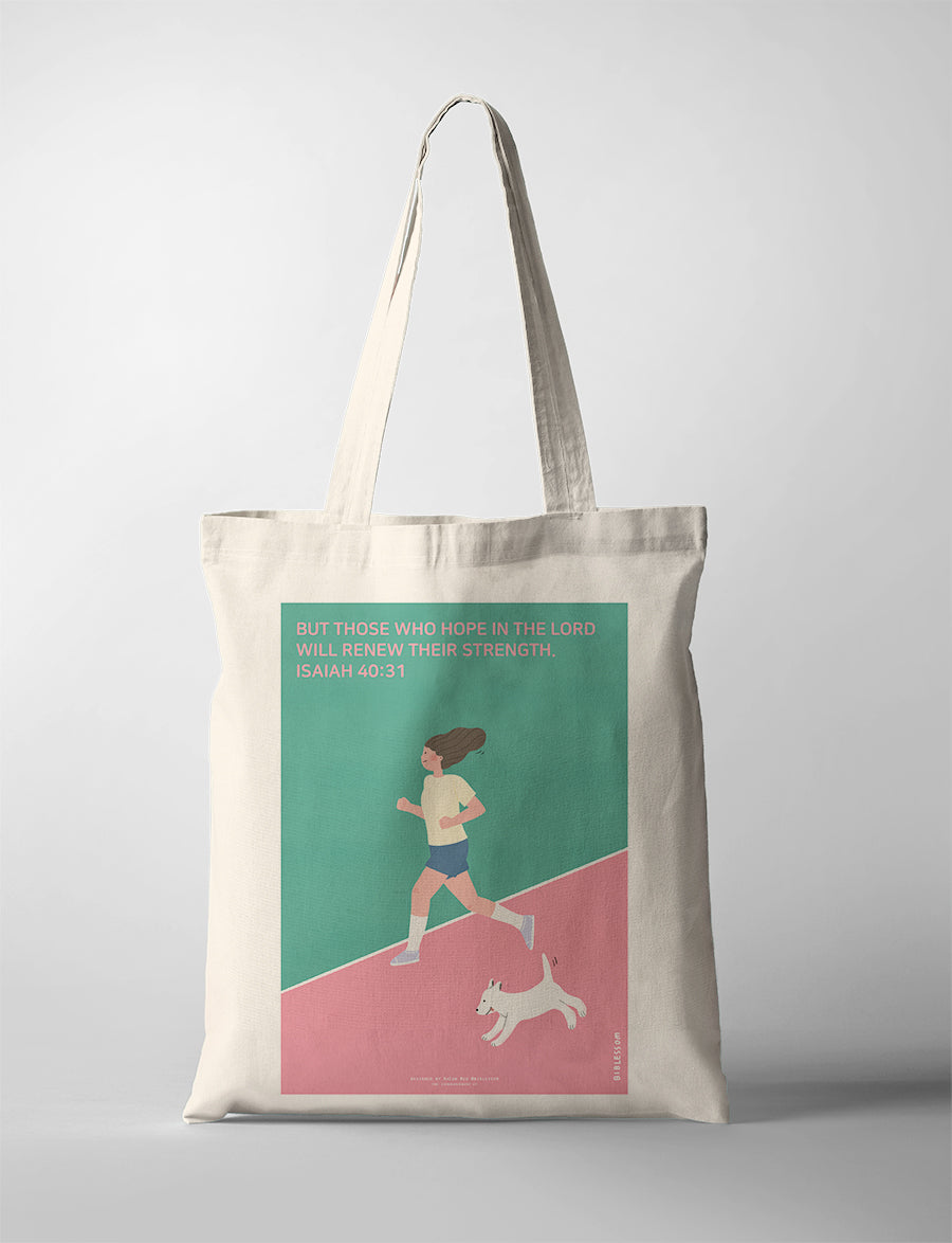 Isaiah 40:31 Christian tote bag featuring runner and dog illustration, encouraging Bible verse on strength and hope.