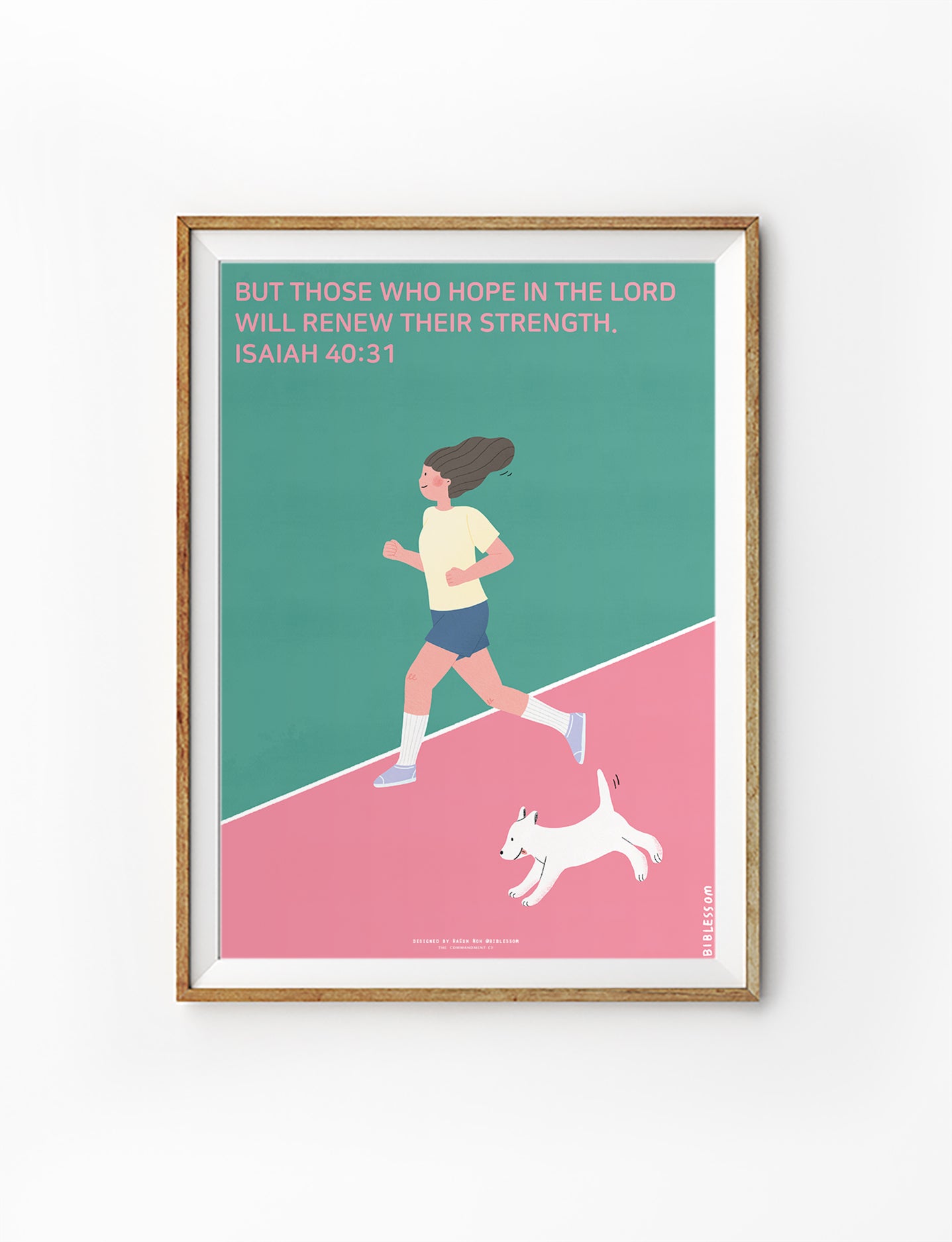 Isaiah 40:31 Christian poster featuring runner with dog, scripture art about strength and hope in the Lord.