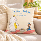 Jalan-Jalan with Jesus Christian cushion cover styled on a cosy sofa