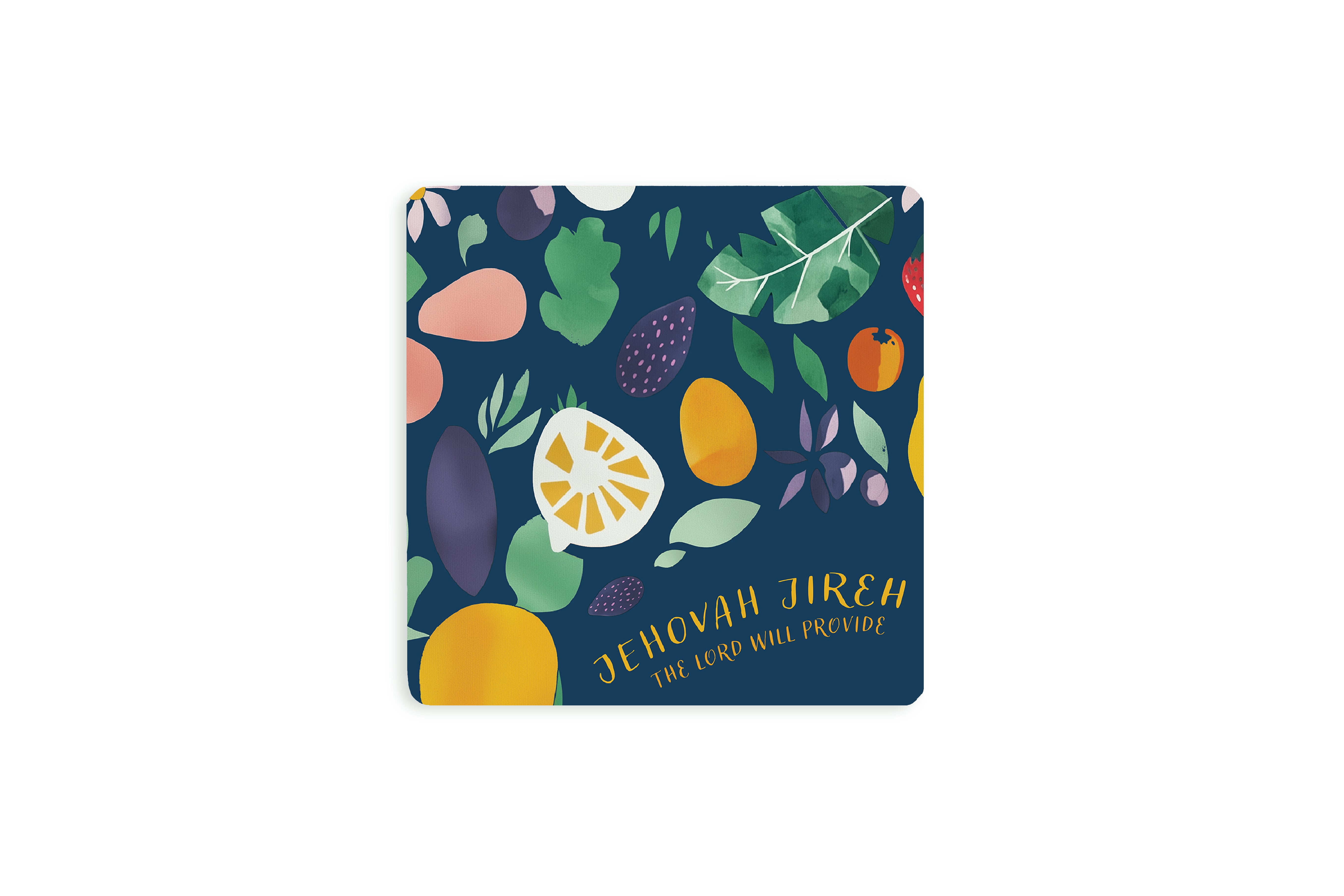Christian coaster with colorful fruit and leaf illustrations and the phrase “Jehovah Jireh – The Lord Will Provide,” referencing Genesis 22:14