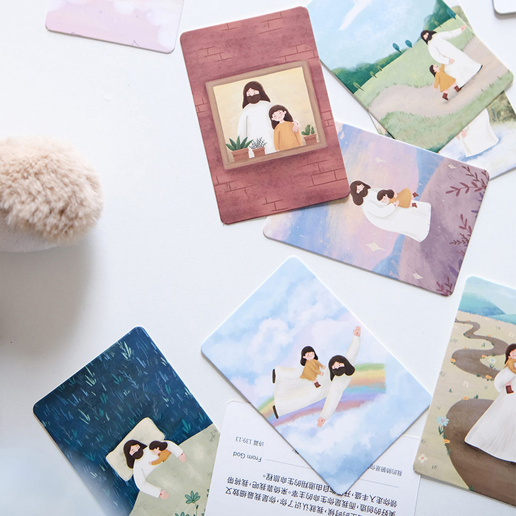 Set of mini cards featuring illustrations of Jesus with children, inspirational Bible verses, and faith-based designs for Christian devotion.