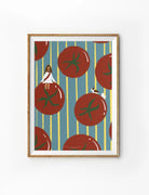 Jesus and Tomatoes Christian poster by nartellac with Jesus sitting among oversized red tomatoes on a blue striped background