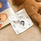 Soft children’s handkerchief featuring the message “Child, your faith will become a blessing” beside a teddy bear and storybook