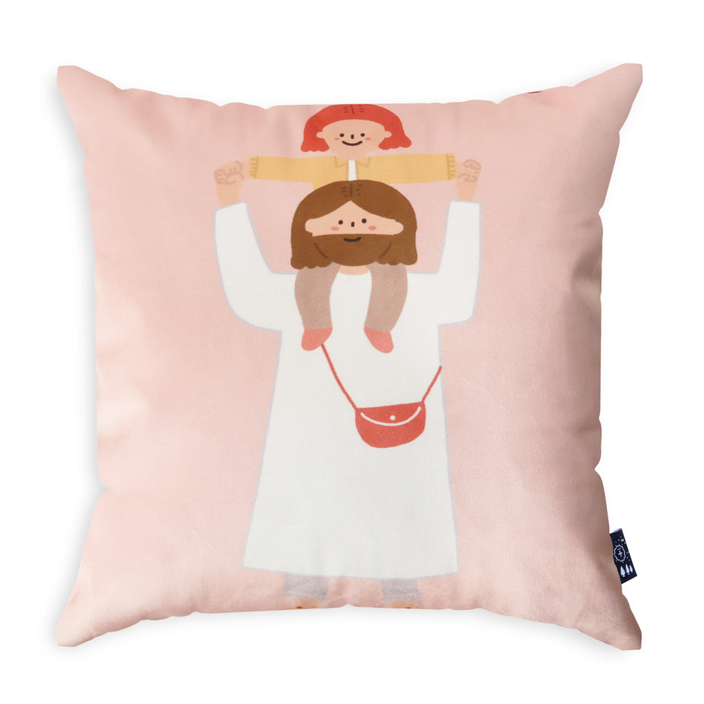 Decorative throw pillow featuring an illustration of Jesus carrying a child on his shoulders, designed with a pink background, perfect for Christian faith-based home decor."