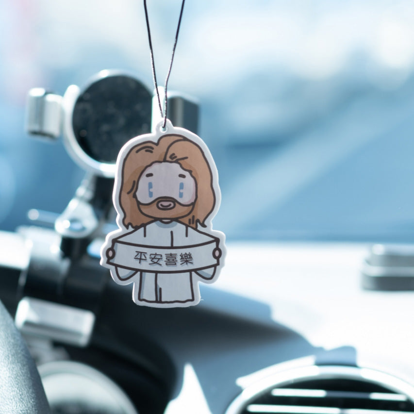 Christian scent tag with 'Peace and Joy' and 'Jesus' design for car freshener