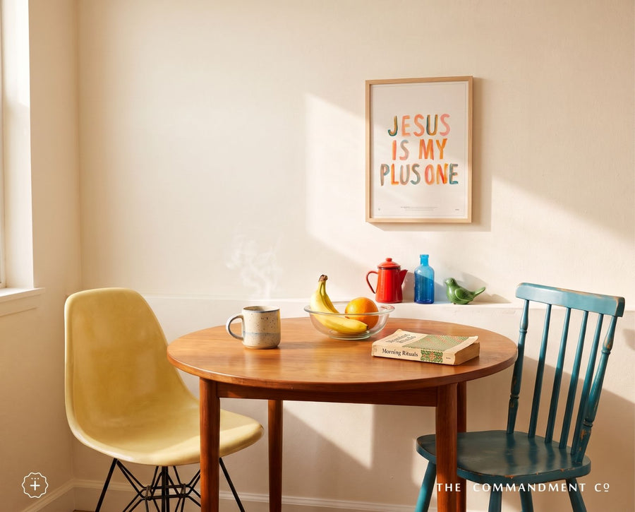Jesus Is My Plus One poster styled above a colourful dining area