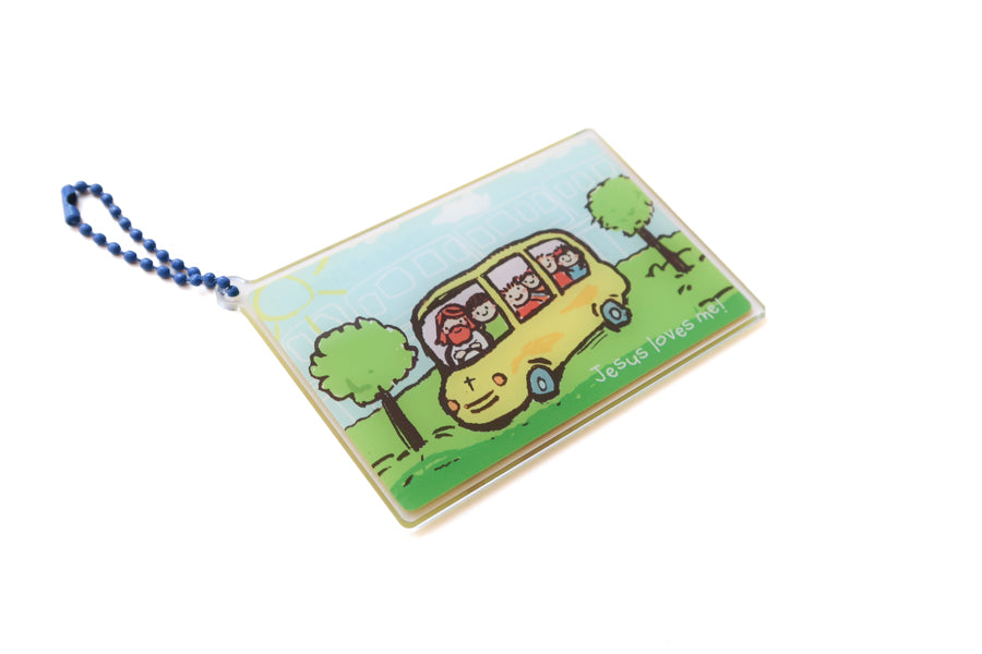 Angled view of Jesus Loves Me transport card-inspired acrylic keychain with blue ball chain