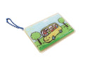 Angled view of Jesus Loves Me transport card-inspired acrylic keychain with blue ball chain