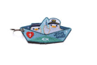 Embroidered Christian paper boat keychain with “Jesus Saves” text, red cross heart and fish symbol on blue background.