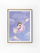 A whimsical illustration of Jesus sowing good seeds among fluffy sheep in a dreamy sky, accompanied by the Bible verse Matthew 13:37-38, which speaks of the Son of Man and the good seed representing the sons of the kingdom.