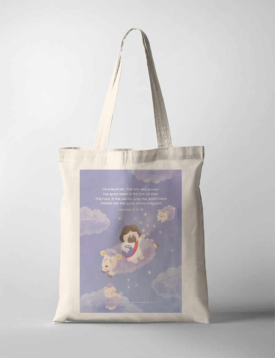 A whimsical illustration of Jesus sowing good seeds among fluffy sheep in a dreamy sky, accompanied by the Bible verse Matthew 13:37-38, which speaks of the Son of Man and the good seed representing the sons of the kingdom.