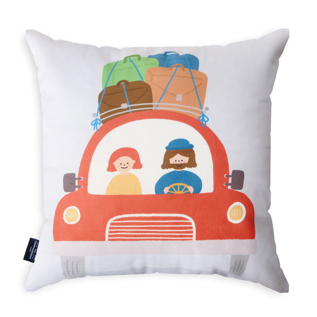 Decorative throw pillow featuring an illustration of Jesus driving a car with luggage on top, themed 'Jesus Takes the Wheel,' perfect for Christian faith-based home decor and travel inspiration.