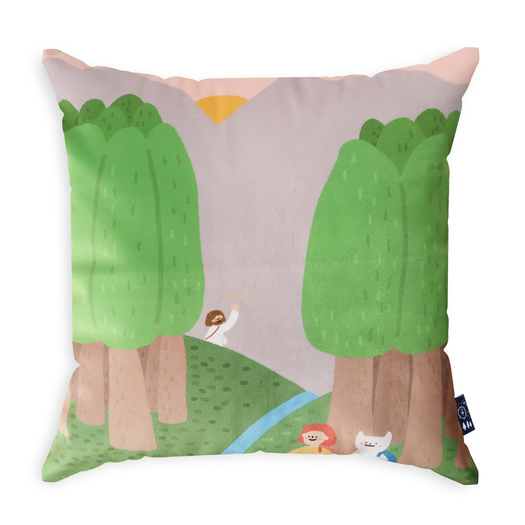 Decorative throw pillow featuring an illustration of Jesus with children and animals in a forest setting, perfect for Christian faith-based home decor with a nature-inspired design.