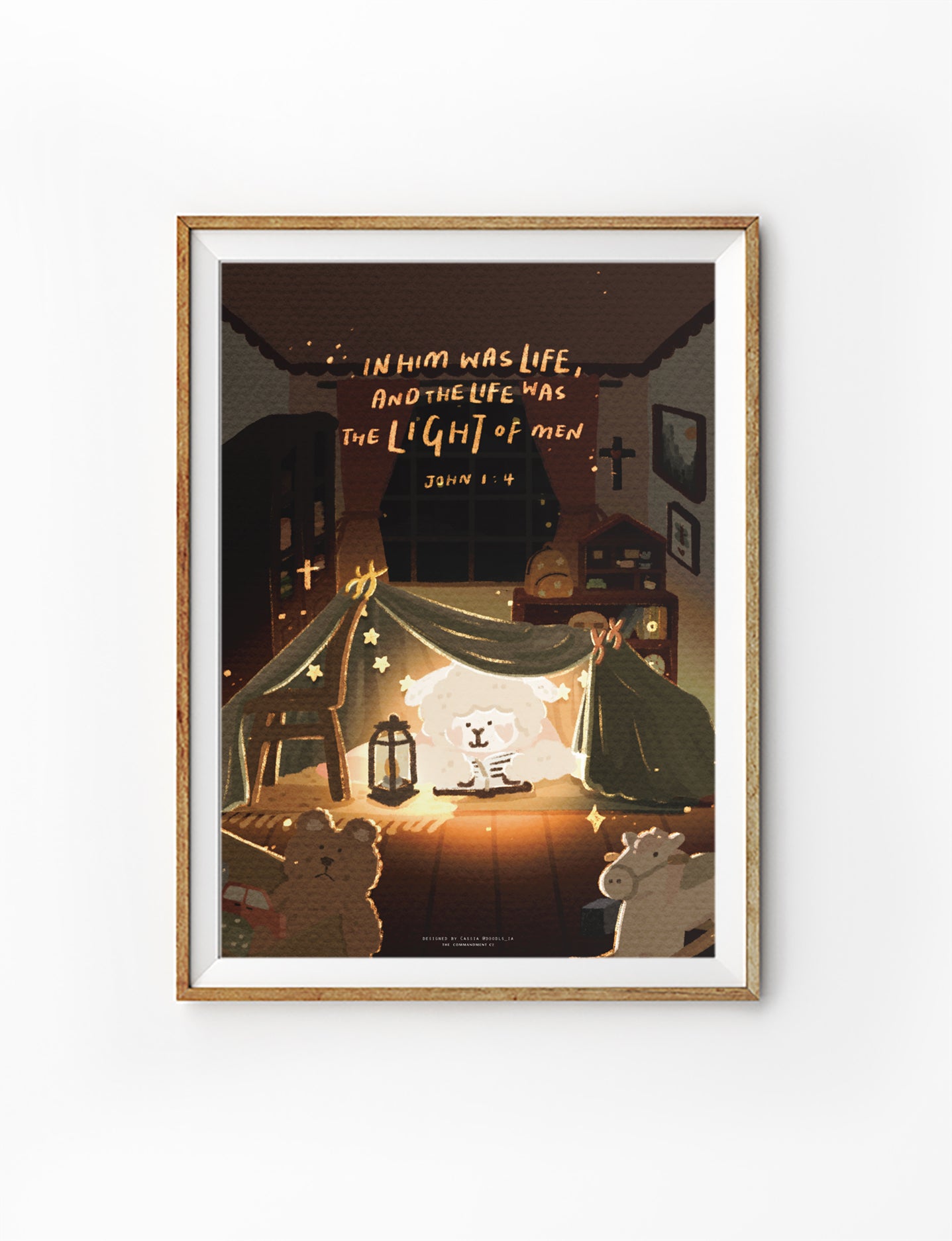 Christian poster featuring John 1:4, “In Him was life, and the life was the light of men,” with a glowing lamb in a cosy room