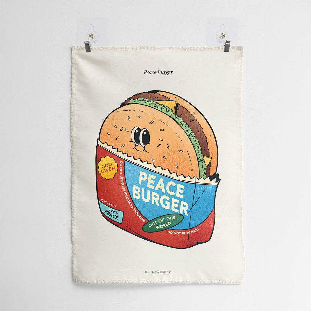 Wall tapestry featuring a Peace Burger design with scripture reference John 14:27, emphasizing peace and comfort with colorful and playful illustrations.