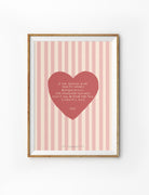 Christian wall art poster featuring a heart illustration with John 15:7 Bible verse on a pink striped background, designed by Moojigae Drawing in collaboration with The Commandment Co.
