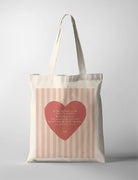 Christian canvas tote bag featuring John 15:7 Bible verse in a heart illustration, created in collaboration with Moojigae Drawing, faith-based tote bag with pink striped design