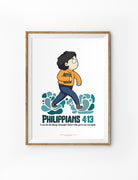 Christian poster collaboration between John Euclid and The Commandment Co featuring illustrated character walking on waves with a Bible and the verse Philippians 4:13 about strength through Christ