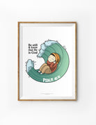 Christian poster collaboration between John Euclid and The Commandment Co featuring illustrated character resting inside an ocean wave with the phrase “Be still and know that He is God” from Psalm 46:10