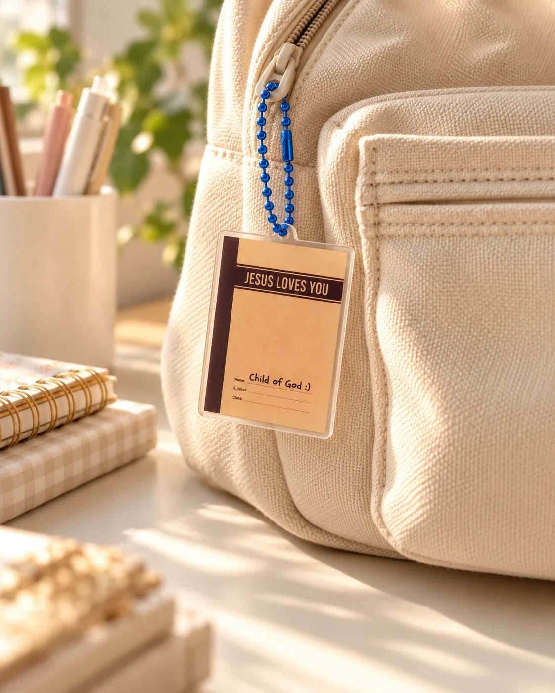 Jotter Book Jesus Loves You acrylic keychain hanging from backpack zipper by blue bead chain