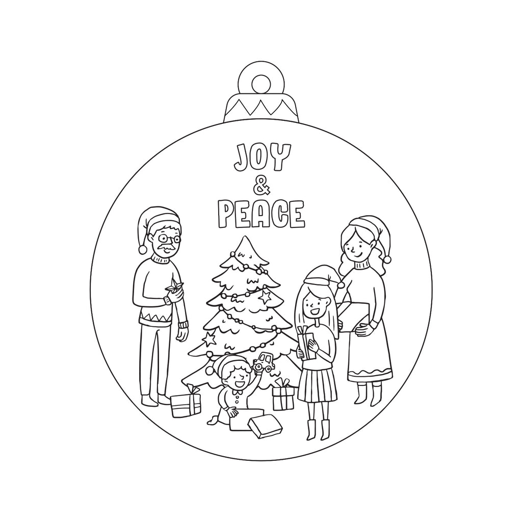 Christmas coloring page featuring a joyful family decorating a Christmas tree and exchanging gifts with the phrase 'Joy & Peace' written above.