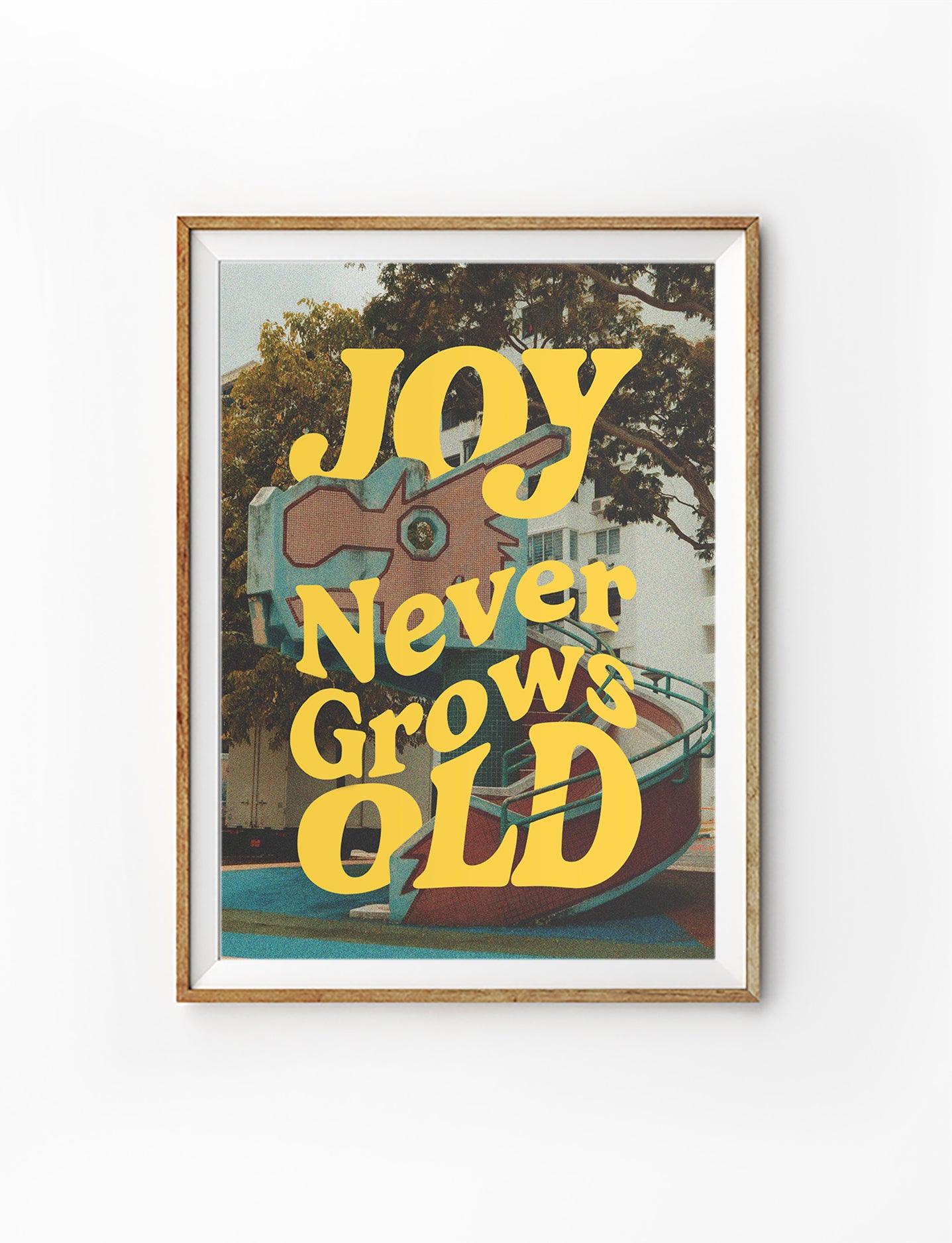 Christian poster with retro Singapore dragon playground and bold text “Joy Never Grows Old” by The Commandment Co