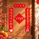 Joy and Happiness Christian Lunar New Year red Chinese couplet set displayed around a wooden front door