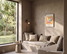 Joy Lives Here Christian wall art styled in a warm modern living room