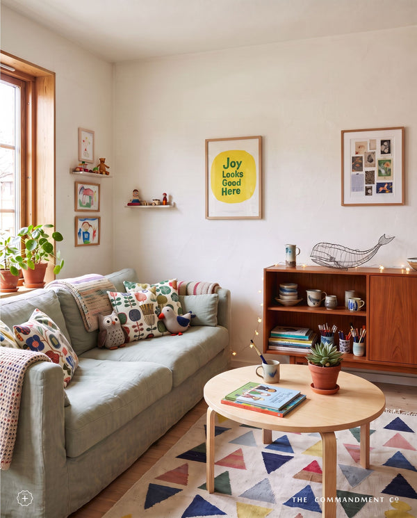 Joy Looks Good Here Christian poster displayed in a bright, playful living room