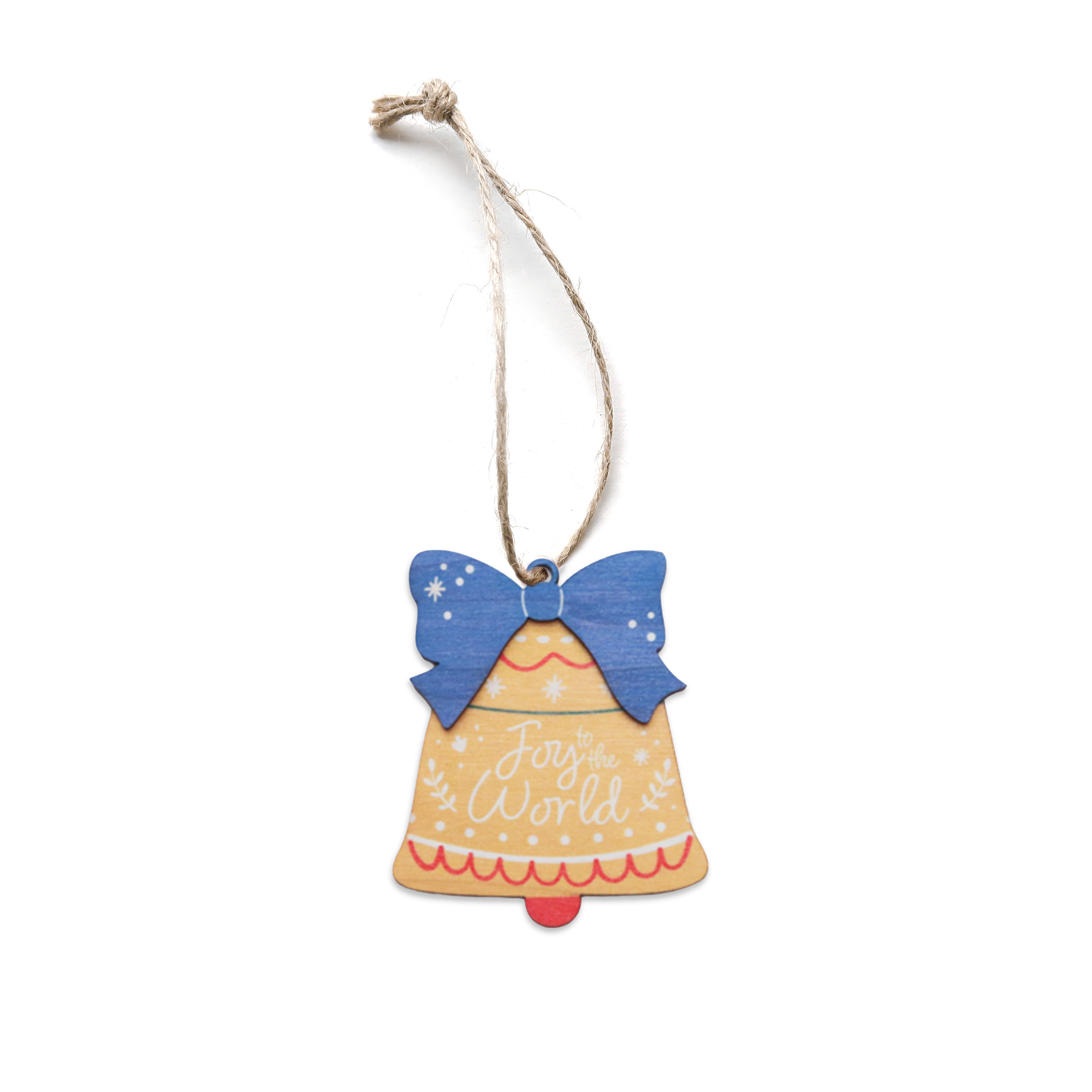 Yellow bell-shaped Christmas bauble with a blue bow and the words ‘Joy to the World’.