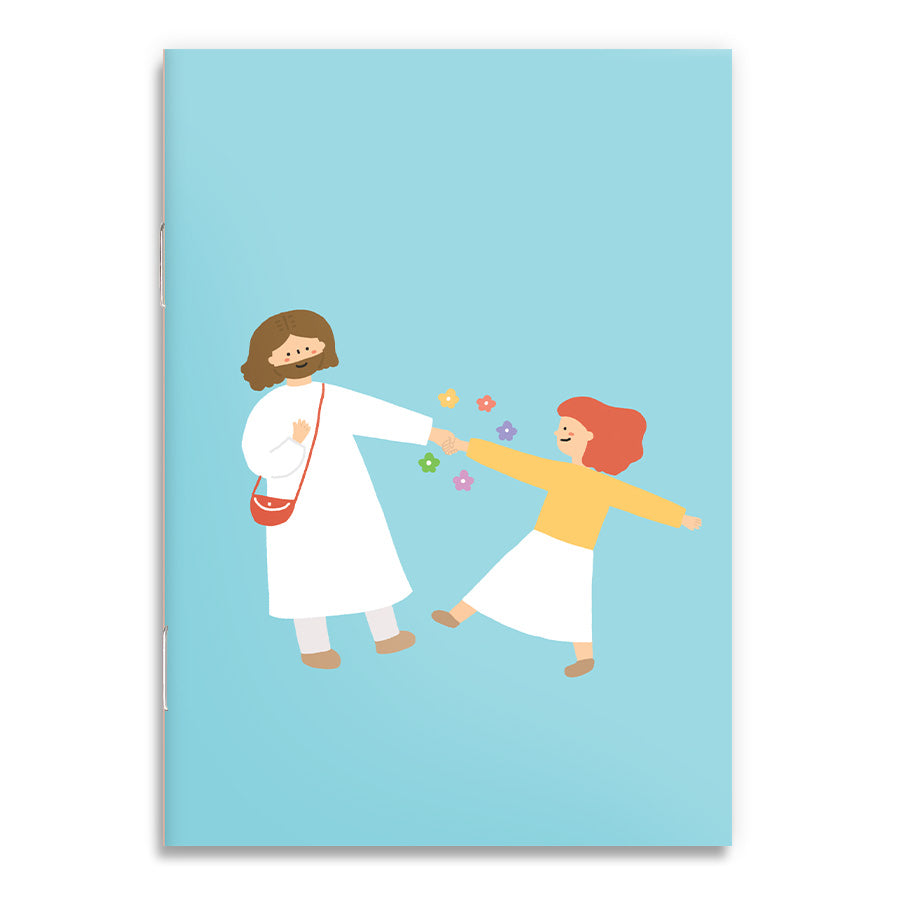 A6 notebook cover titled 'A Joyful Dance with Jesus,' featuring an illustration of a child joyfully dancing hand-in-hand with Jesus.