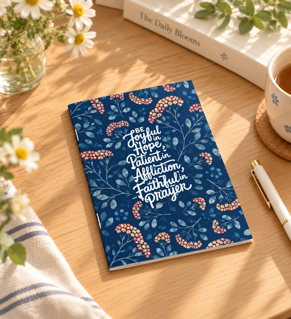 Joyful Patient Faithful A6 Christian notebook with navy floral cover placed on a sunlit wooden desk beside a mug and daisies.