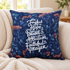 Joyful Patient Faithful Christian cushion cover featuring Romans 12:12 on a cream sofa.