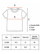 Kids T-shirt size chart showing length, chest and shoulder measurements for 12–24M and 24–36M