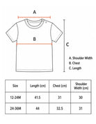 Kids’ T-shirt size chart for ages 12–24 months and 24–36 months